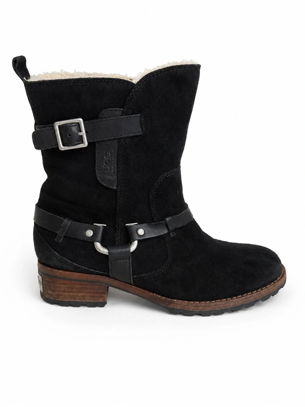 UGG Endell Suede Shearling Moto Biker Harness Boots Black Size 8